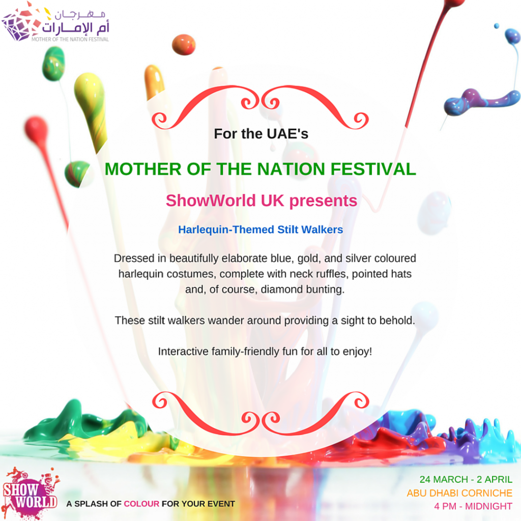 Mother-of-the-nation-festival-showworld-harlequin-themed-stilt-walkers